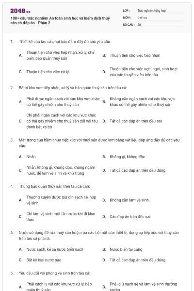 100+ câu trắc nghiệm An toàn sinh học và kiểm dịch thuỷ sản có đáp án - Phần 2