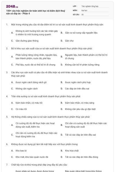 100+ câu trắc nghiệm An toàn sinh học và kiểm dịch thuỷ sản có đáp án - Phần 4