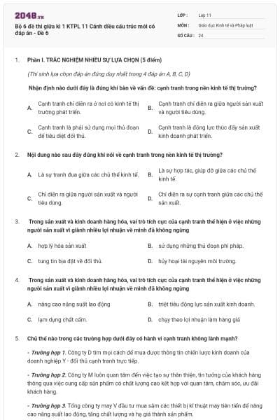 Bộ 6 đề thi giữa kì 1 KTPL 11 Cánh diều cấu trúc mới có đáp án - Đề 6