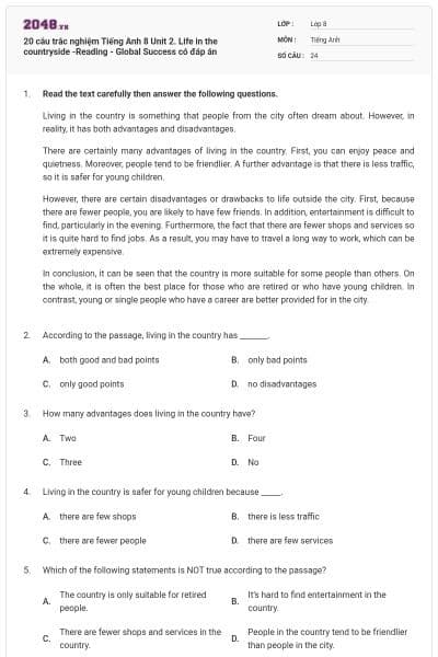20 câu trắc nghiệm Tiếng Anh 8 Unit 2. Life in the countryside -Reading - Global Success có đáp án