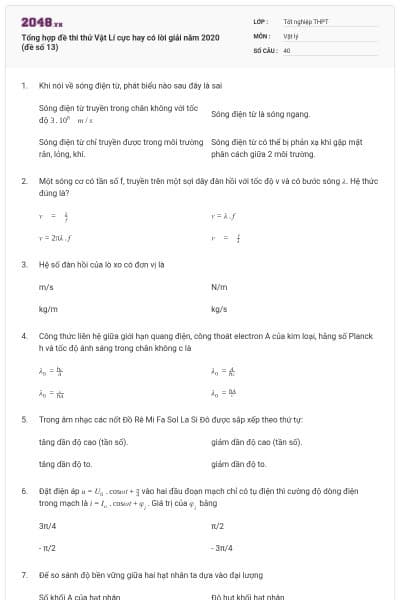 Tổng hợp đề thi thử Vật Lí cực hay có lời giải năm 2020 (đề số 13)