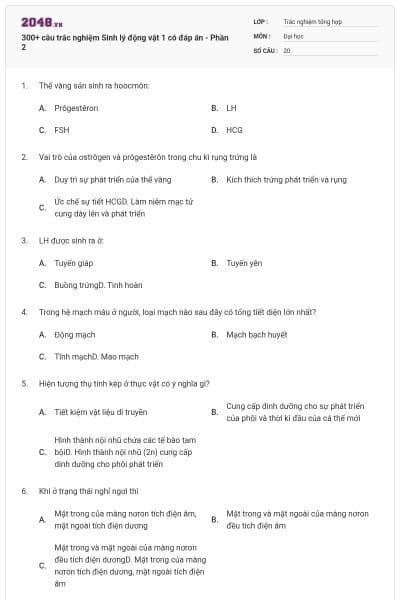 300+ câu trắc nghiệm Sinh lý động vật 1 có đáp án - Phần 2