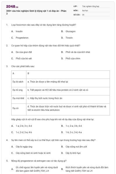 300+ câu trắc nghiệm Sinh lý động vật 1 có đáp án - Phần 3