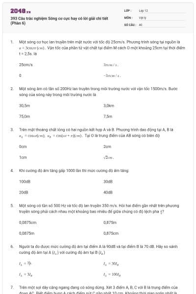 393 Câu trắc nghiệm Sóng cơ cực hay có lời giải chi tiết (Phần 6)