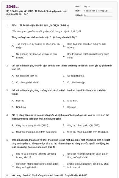 Bộ 3 đề thi giữa kì 1 KTPL 12 Chân trời sáng tạo cấu trúc mới có đáp án - Đề 1