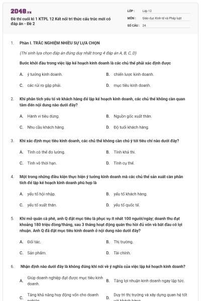 Đề thi cuối kì 1 KTPL 12 Kết nối tri thức cấu trúc mới có đáp án - Đề 2