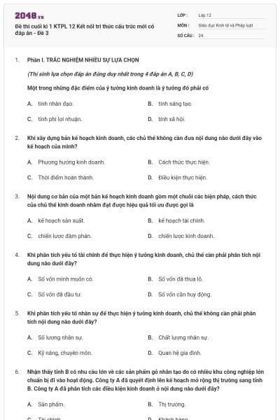 Đề thi cuối kì 1 KTPL 12 Kết nối tri thức cấu trúc mới có đáp án - Đề 3