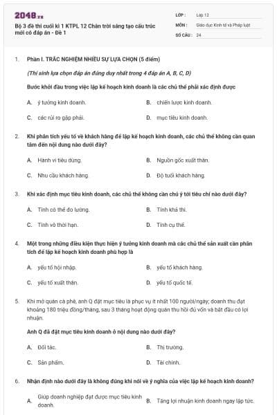 Bộ 3 đề thi cuối kì 1 KTPL 12 Chân trời sáng tạo cấu trúc mới có đáp án - Đề 1