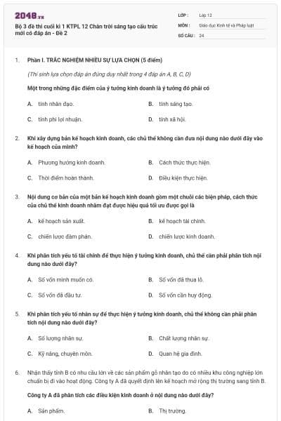 Bộ 3 đề thi cuối kì 1 KTPL 12 Chân trời sáng tạo cấu trúc mới có đáp án - Đề 2