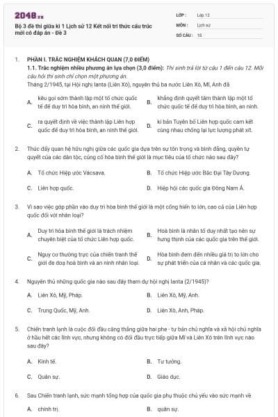 Bộ 3 đề thi giữa kì 1 Lịch sử 12 Kết nối tri thức cấu trúc mới có đáp án - Đề 3