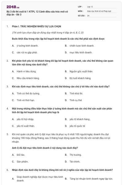 Bộ 3 đề thi cuối kì 1 KTPL 12 Cánh diều cấu trúc mới có đáp án - Đề 3