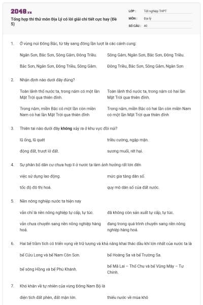 Tổng hợp thi thử môn Địa Lý có lời giải chi tiết cực hay (Đề 5)