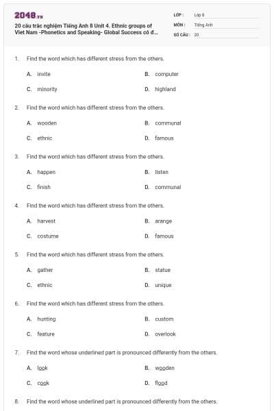 20 câu trắc nghiệm Tiếng Anh 8 Unit 4. Ethnic groups of Viet Nam -Phonetics and Speaking- Global Success có đáp án