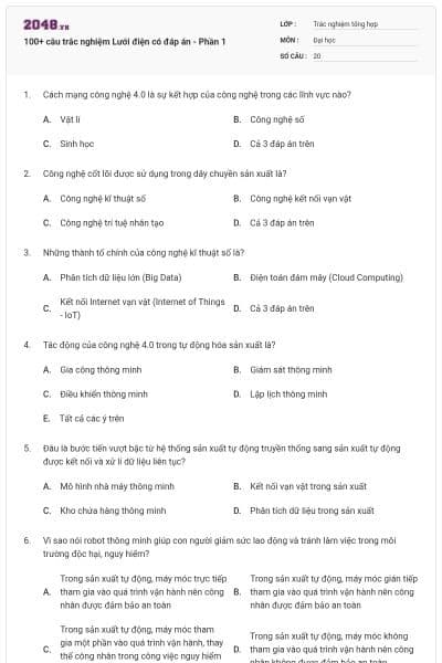 100+ câu trắc nghiệm Lưới điện có đáp án - Phần 1