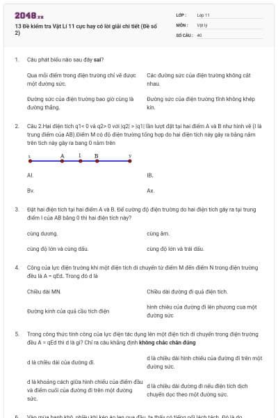 13 Đề kiểm tra Vật Lí 11 cực hay có lời giải chi tiết (Đề số 2)