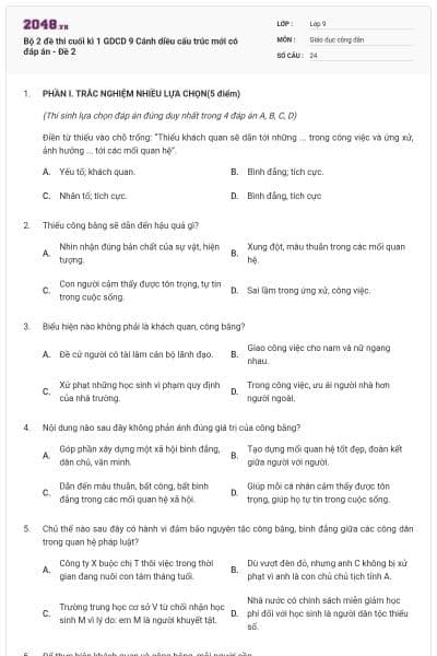 Bộ 2 đề thi cuối kì 1 GDCD 9 Cánh diều cấu trúc mới có đáp án - Đề 2