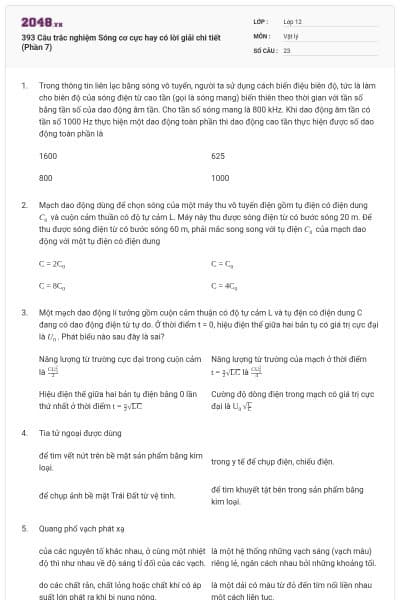 393 Câu trắc nghiệm Sóng cơ cực hay có lời giải chi tiết (Phần 7)