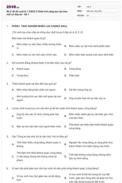 Bộ 2 đề thi cuối kì 1 GDCD 9 Chân trời sáng tạo cấu trúc mới có đáp án - Đề 1