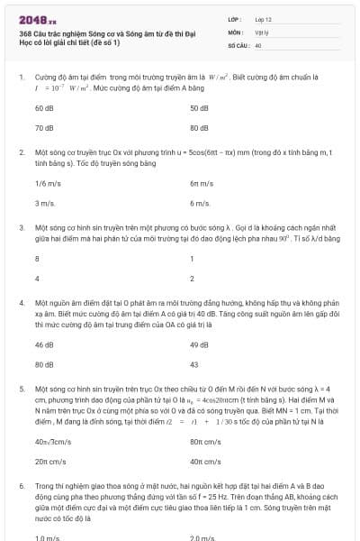 368 Câu trắc nghiệm Sóng cơ và Sóng âm từ đề thi Đại Học có lời giải chi tiết (đề số 1)