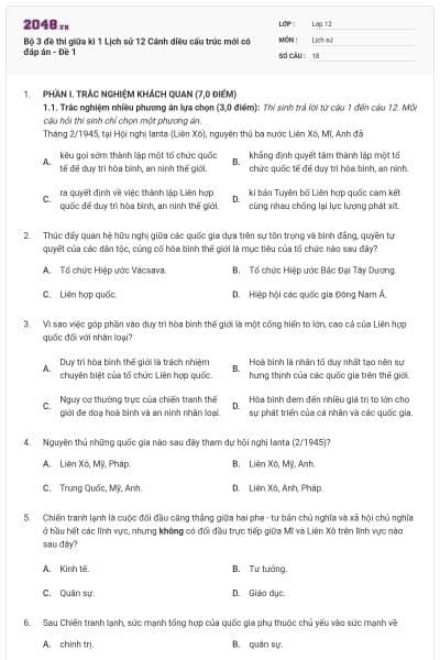 Bộ 3 đề thi giữa kì 1 Lịch sử 12 Cánh diều cấu trúc mới có đáp án - Đề 1