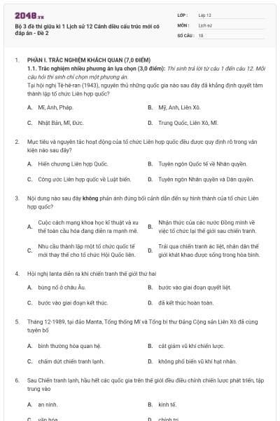 Bộ 3 đề thi giữa kì 1 Lịch sử 12 Cánh diều cấu trúc mới có đáp án - Đề 2