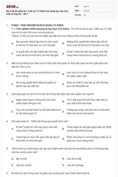 Bộ 3 đề thi giữa kì 1 Lịch sử 12 Chân trời sáng tạo cấu trúc mới có đáp án - Đề 1