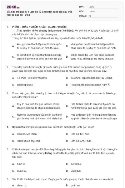 Bộ 3 đề thi giữa kì 1 Lịch sử 12 Chân trời sáng tạo cấu trúc mới có đáp án - Đề 2