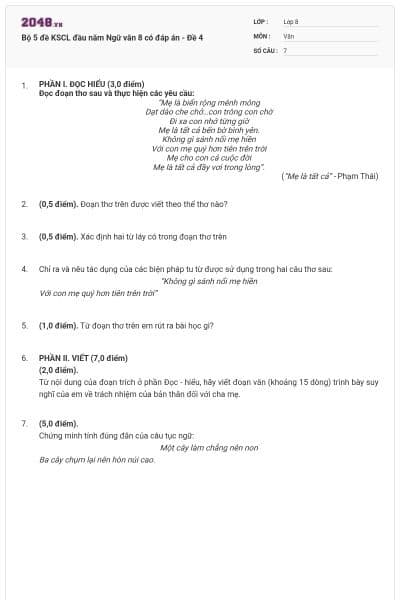 Bộ 5 đề KSCL đầu năm Ngữ văn 8 có đáp án - Đề 4