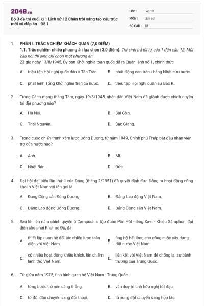 Bộ 3 đề thi cuối kì 1 Lịch sử 12 Chân trời sáng tạo cấu trúc mới có đáp án - Đề 1