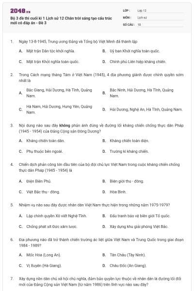 Bộ 3 đề thi cuối kì 1 Lịch sử 12 Chân trời sáng tạo cấu trúc mới có đáp án - Đề 3