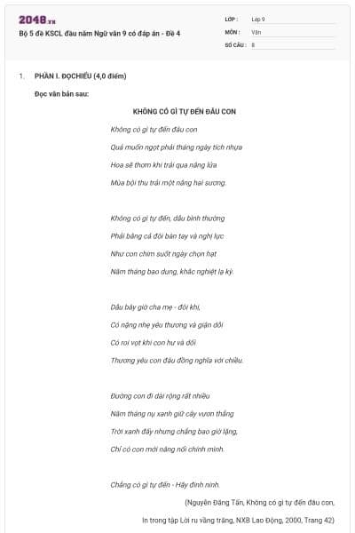 Bộ 5 đề KSCL đầu năm Ngữ văn 9 có đáp án - Đề 4