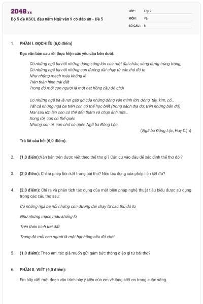 Bộ 5 đề KSCL đầu năm Ngữ văn 9 có đáp án - Đề 5