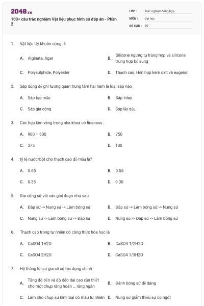 100+ câu trắc nghiệm Vật liệu phục hình có đáp án - Phần 2