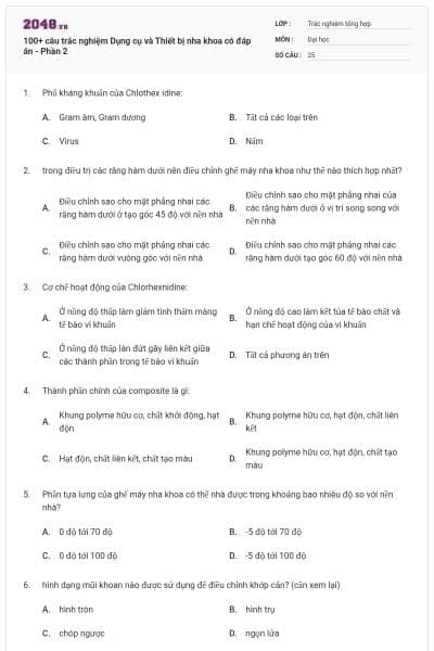 100+ câu trắc nghiệm Dụng cụ và Thiết bị nha khoa có đáp án - Phần 2