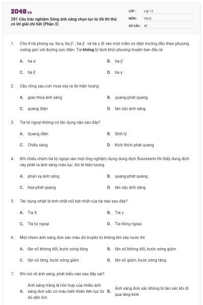 281 Câu trắc nghiệm Sóng ánh sáng chọn lọc từ đề thi thử có lời giải chi tiết (Phần 3)