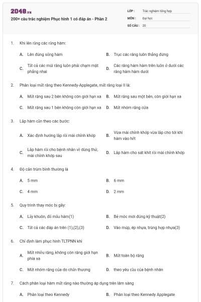 200+ câu trắc nghiệm Phục hình 1 có đáp án - Phần 2