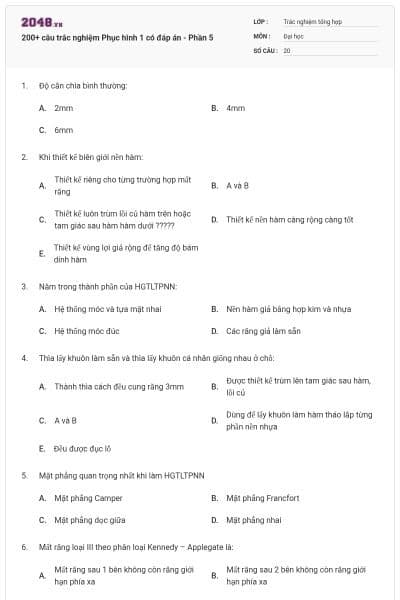 200+ câu trắc nghiệm Phục hình 1 có đáp án - Phần 5