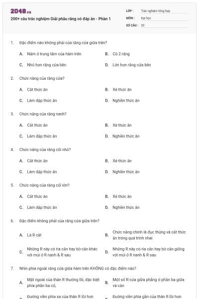 200+ câu trắc nghiệm Giải phẫu răng có đáp án - Phần 1