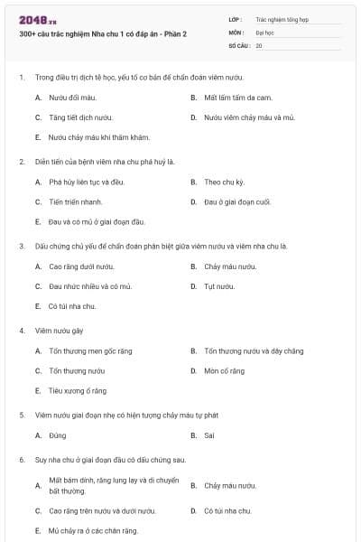 300+ câu trắc nghiệm Nha chu 1 có đáp án - Phần 2