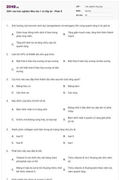 300+ câu trắc nghiệm Nha chu 1 có đáp án - Phần 8