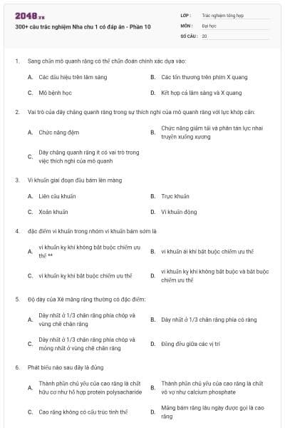 300+ câu trắc nghiệm Nha chu 1 có đáp án - Phần 10