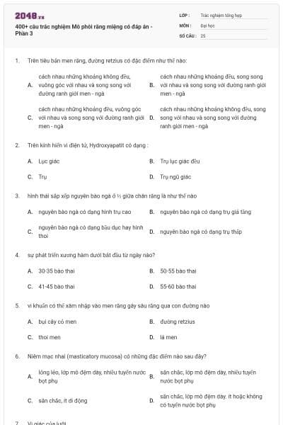400+ câu trắc nghiệm Mô phôi răng miệng có đáp án - Phần 3