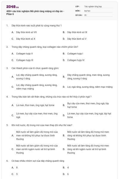 400+ câu trắc nghiệm Mô phôi răng miệng có đáp án - Phần 6