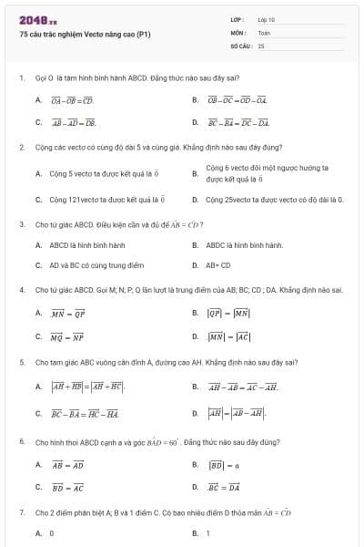 75 câu trắc nghiệm Vectơ nâng cao (P1)