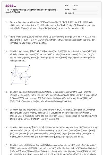 (Trả lời ngắn) 9 bài tập Công thức tính góc trong không gian (có lời giải)