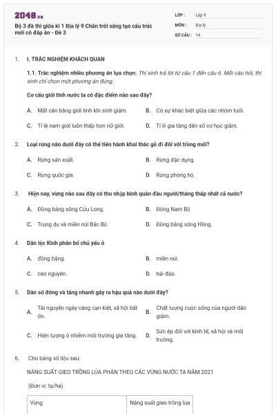 Bộ 3 đề thi giữa kì 1 Địa lý 9 Chân trời sáng tạo cấu trúc mới có đáp án - Đề 3
