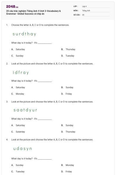 20 câu trắc nghiệm Tiếng Anh 4 Unit 3-Vocabulary & Grammar- Global Success có đáp án