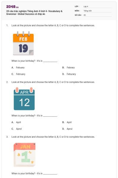 20 câu trắc nghiệm Tiếng Anh 4 Unit 4- Vocabulary & Grammar- Global Success có đáp án