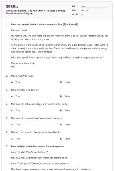 20 câu trắc nghiệm Tiếng Anh 4 Unit 4- Reading & Writing- Global Success có đáp án