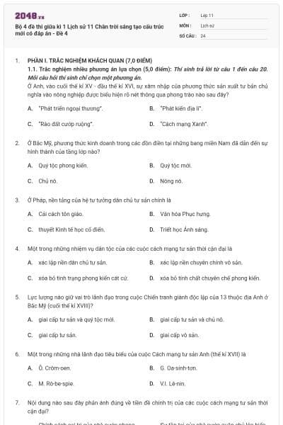 Bộ 4 đề thi giữa kì 1 Lịch sử 11 Chân trời sáng tạo cấu trúc mới có đáp án - Đề 4